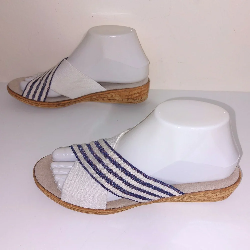 Striped Canvas Wedge Sandals Womens Size 6 White Navy Blue Nautical EUC